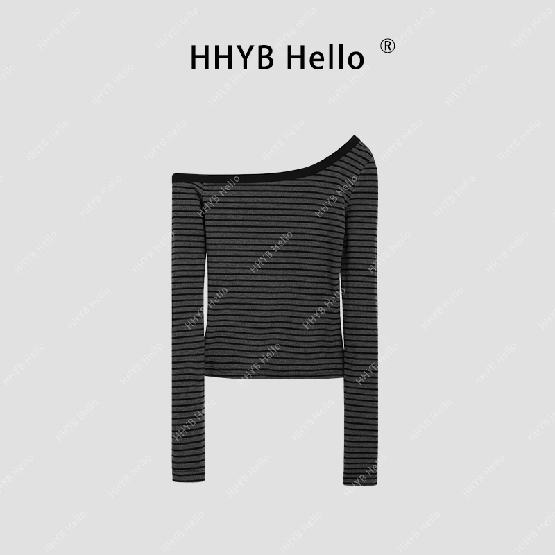 HHYB Hello设计感斜肩条纹打底长袖露肩2024新款时尚上衣女240407