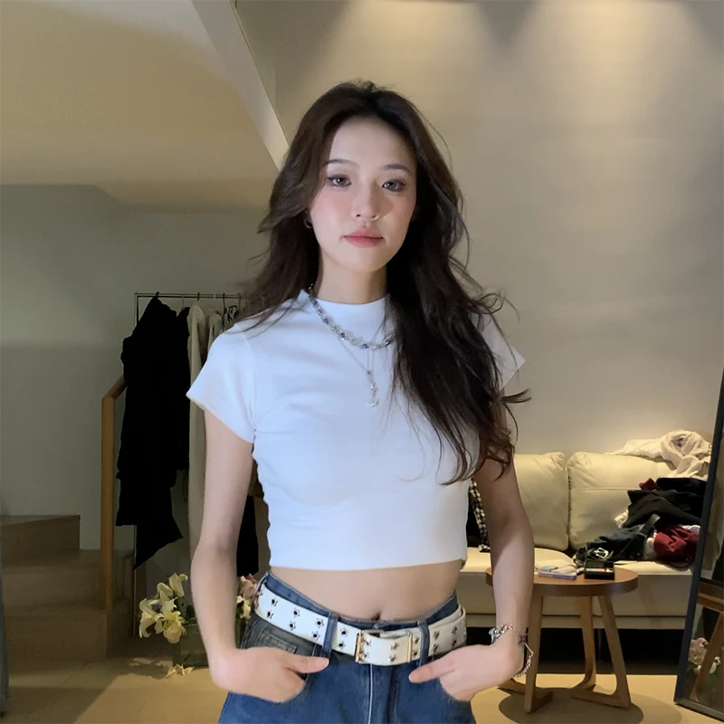 【Y】美式短款漏脐纯棉T恤休闲百搭ins修身显瘦短袖打底8326纯色