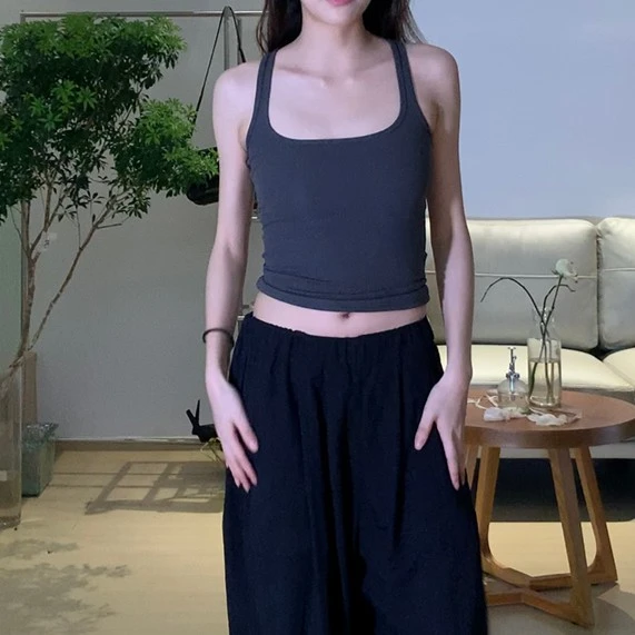 【YD】夏季辣妹大方领韩版小众露脐设计感修身无袖百搭打底背心 967