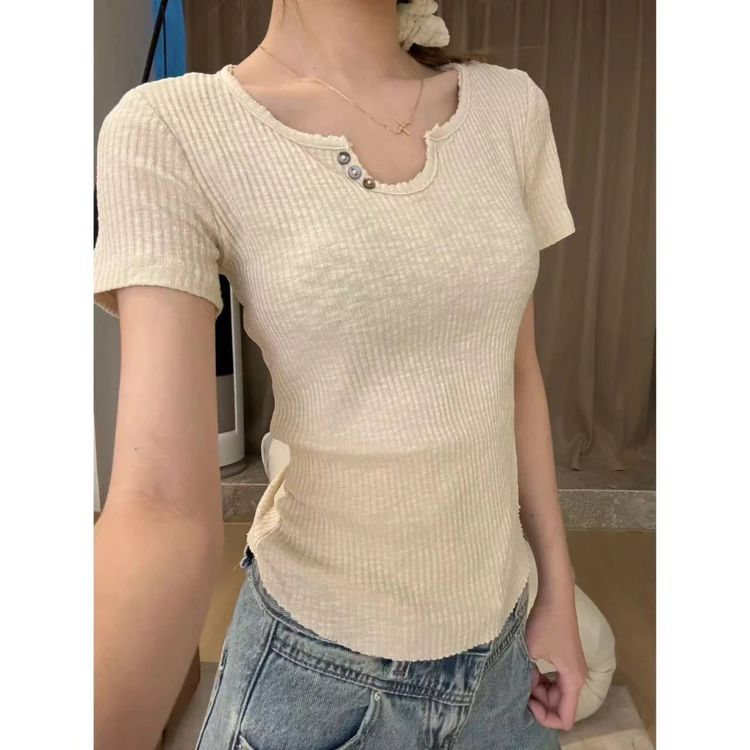 【部分现】坑条小U领T恤女短袖夏修身显瘦纯棉内搭上衣女8625