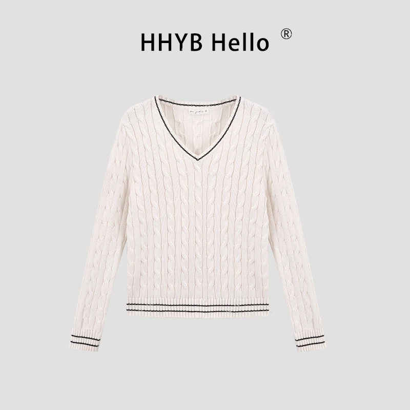 HHYB Hello【Q】秋冬新款V领麻花长袖收腰针织衫撞色显瘦上衣M854