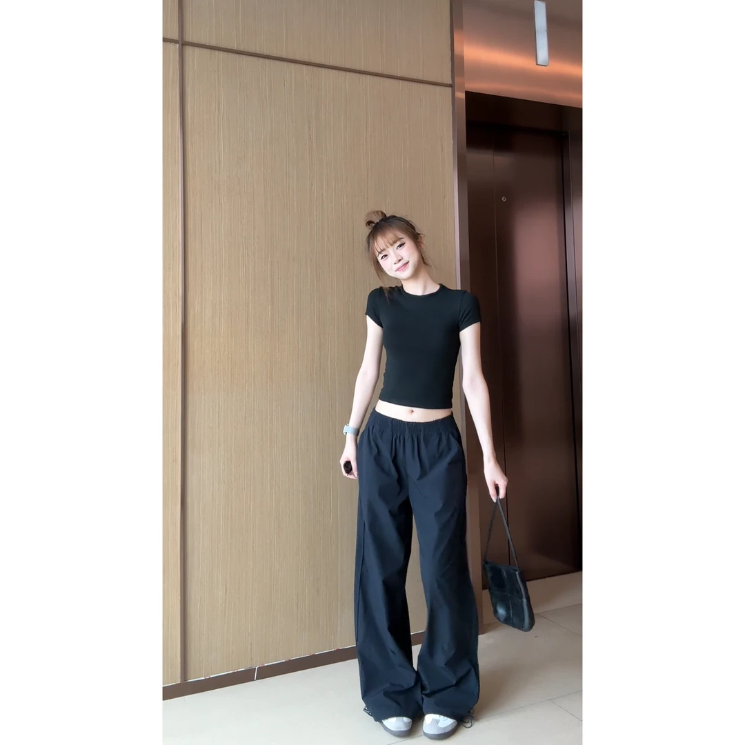 HHYB Hello夏季百搭阔腿工装裤女垂感直筒宽松休闲运动裤 Q8017