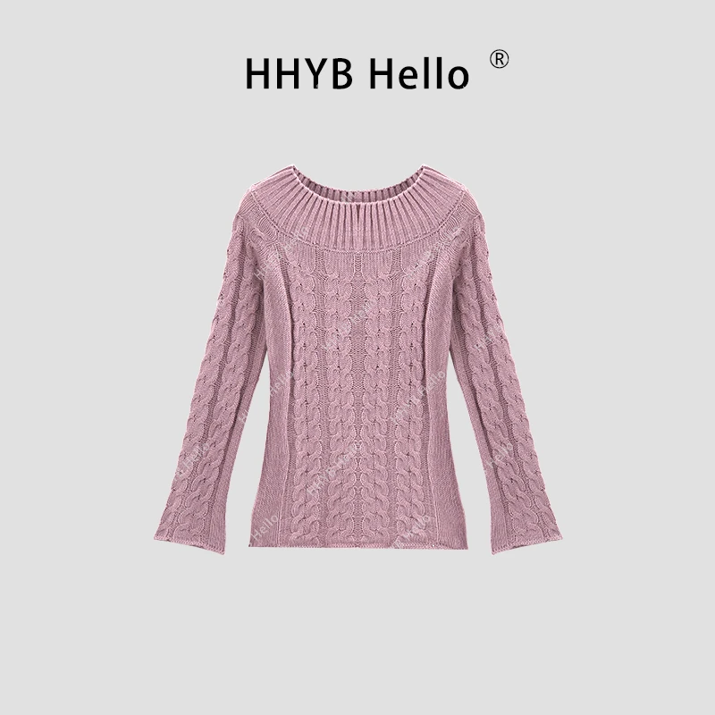 HHYB Hello修身显瘦设计感小众绞花一字肩长袖针织衫上衣女M904