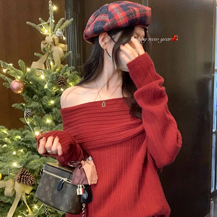 【部分现】圣诞氛围感新年红色毛衣女宽松慵懒风一字肩翻领上衣M178