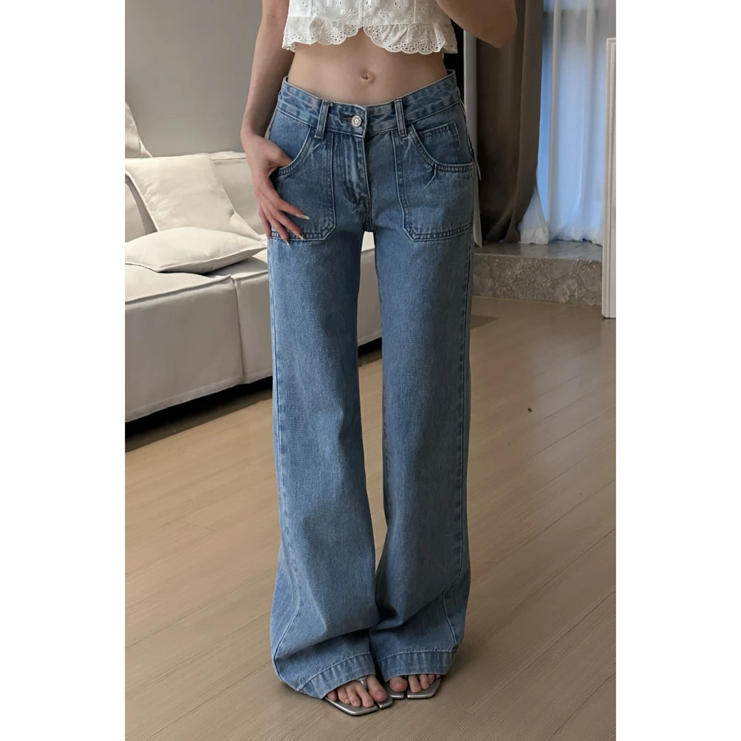 【1.9专场】Q244032 美式复古低腰蓝色口袋直筒裤2024新款牛仔裤女