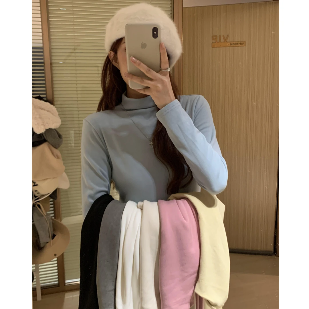 【售完不补】小薄绒半高领打底衫女秋冬新款显瘦内搭上衣7693
