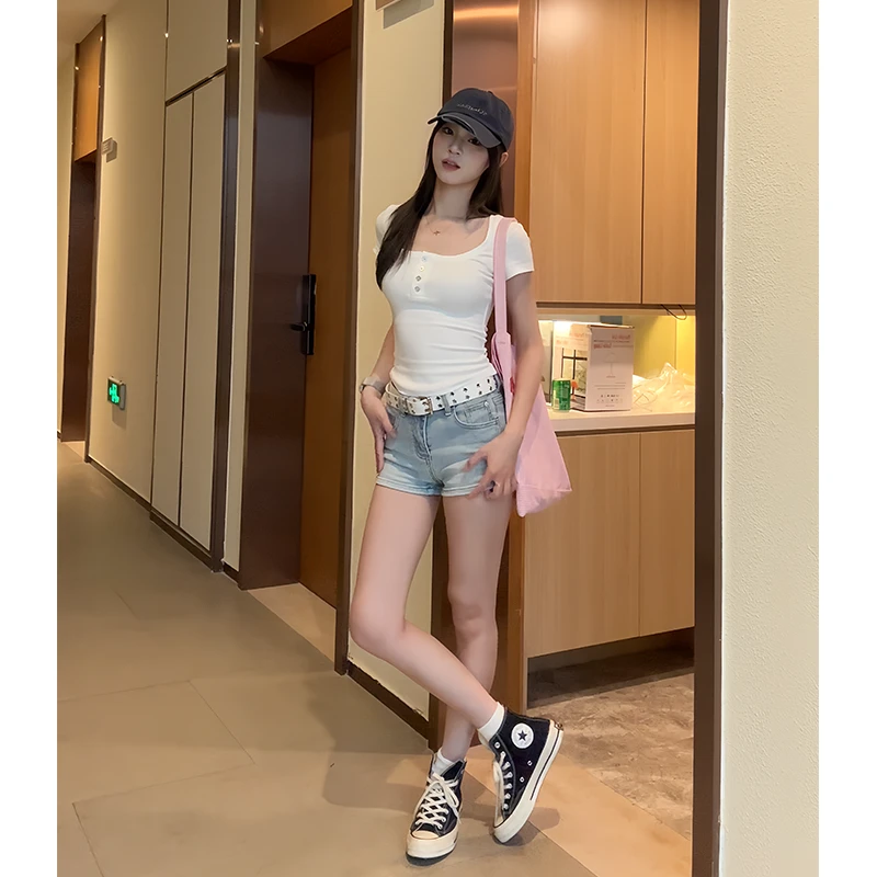 HHYB Hello中低腰弹力紧身牛仔短裤女2024春夏新款牛仔裤Q244120