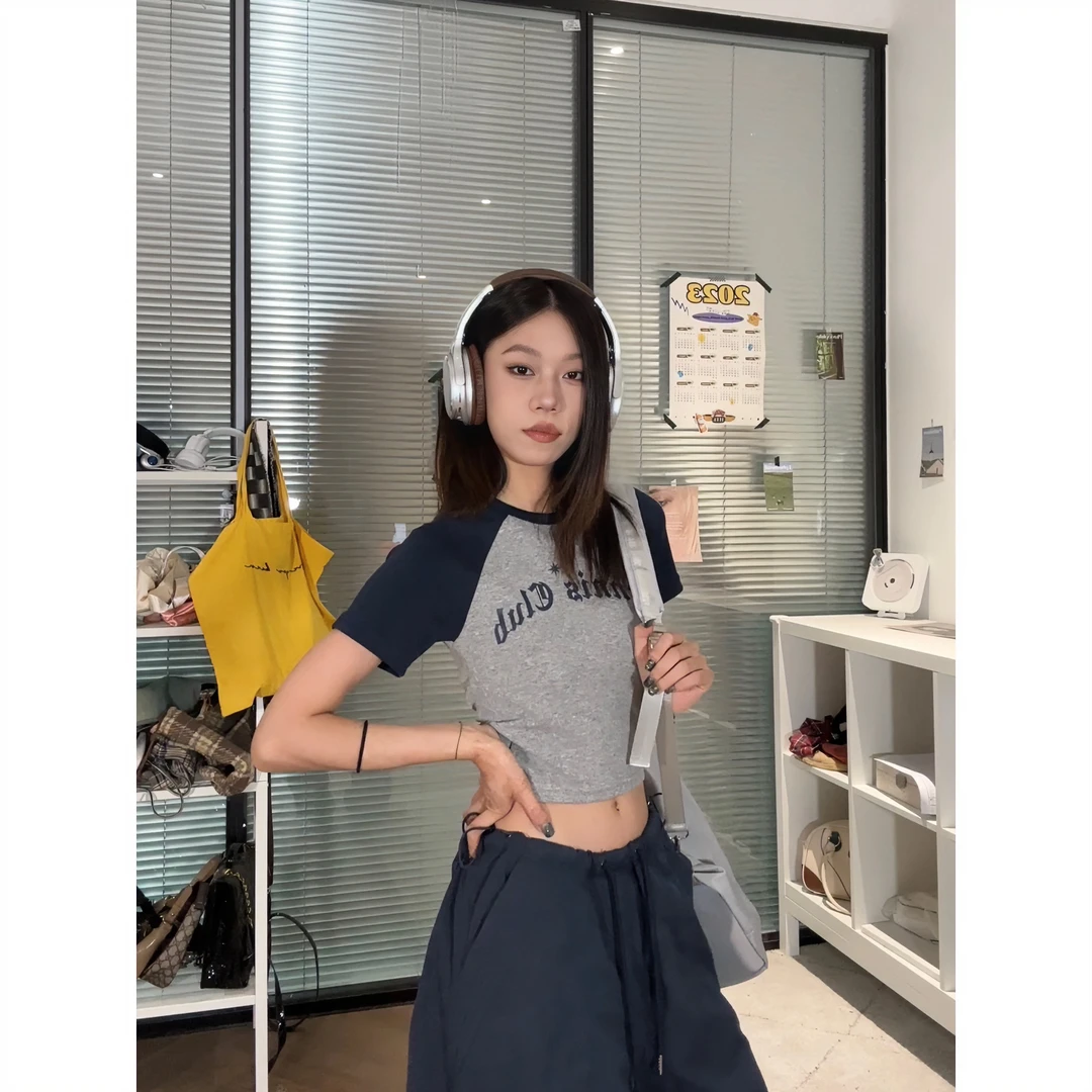【年中QC】8572 后背镂空撞色印花字母美式夏季显瘦休闲抽绳
