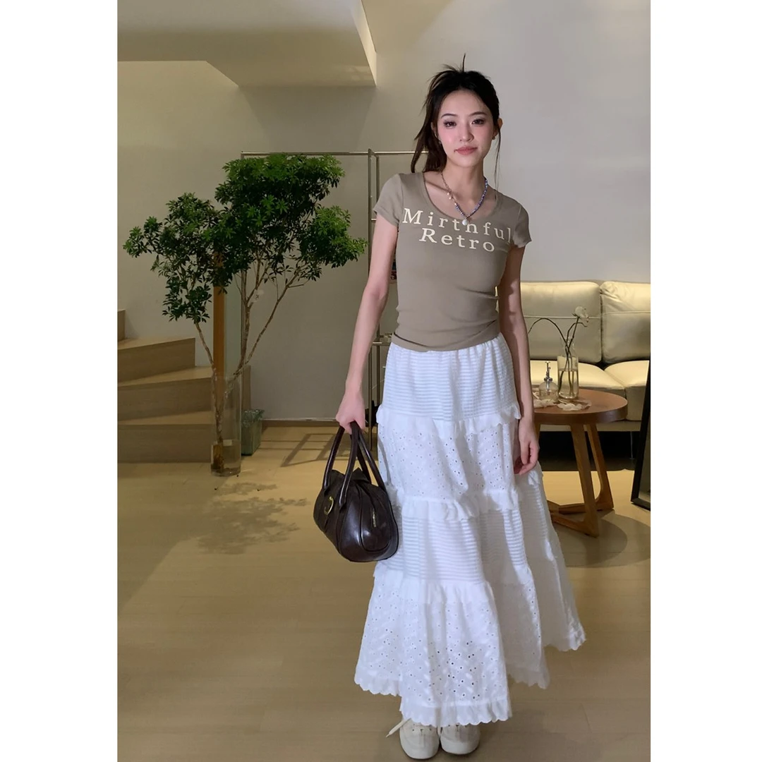 【YD】美式辣妹大圆领螺纹印花T恤女休闲百搭修身显瘦 8605