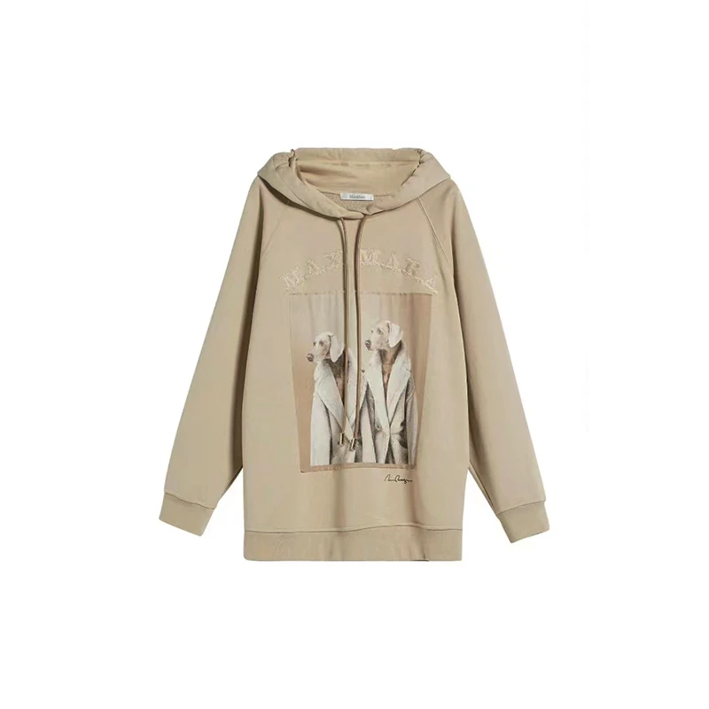 【美国发货】MaxMara M码 女款 宽松连帽系带长袖卫衣 米色