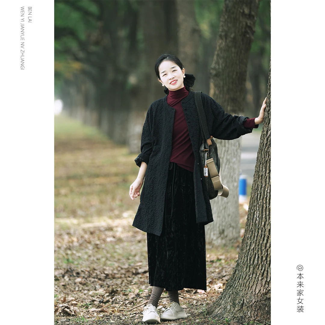 【本利来】文艺休闲中长款圆领提花风衣女秋季新款长袖外套5257