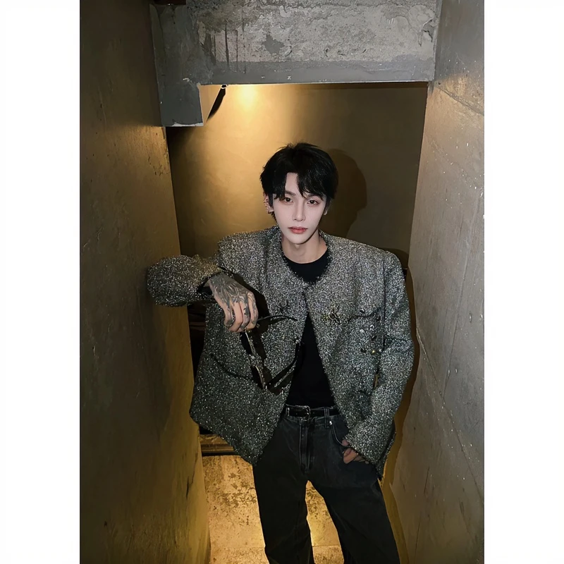 秋天亮闪闪男装外套男感秋季cleanfit美式复古重工垫肩圆领夹克