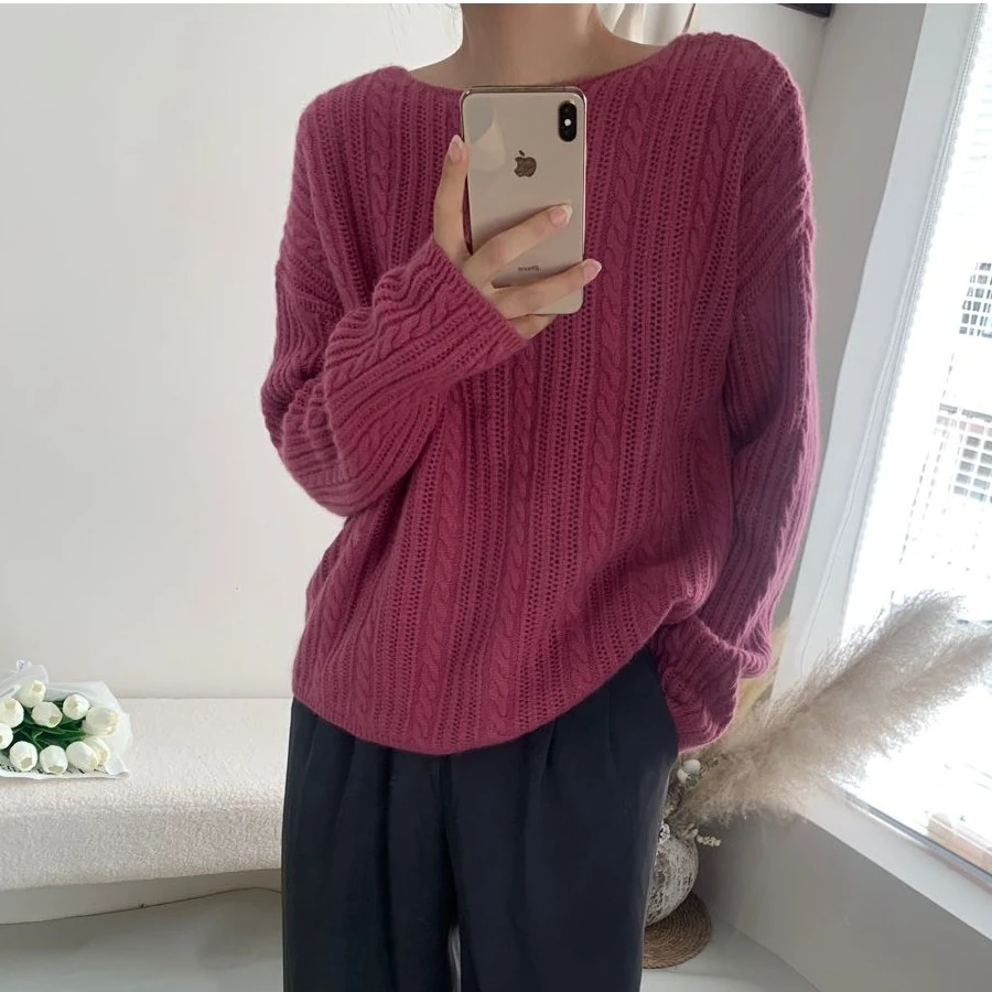 欧洲站2025新款小麻花套头圆领一字肩绵羊毛勾花慵懒风针织毛衣