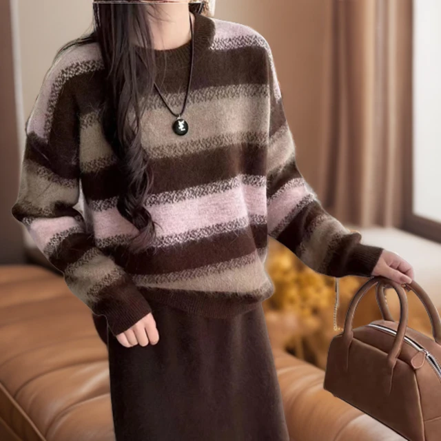 【针织】美拉德条纹套头羊毛毛衣秋冬设计感小众复古宽松毛针织上衣
