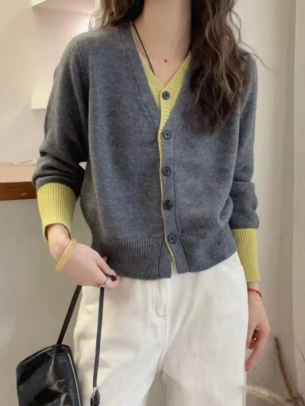 拼接韩版设计感上衣撞色假两件长袖外套针织开衫显瘦秋装时尚