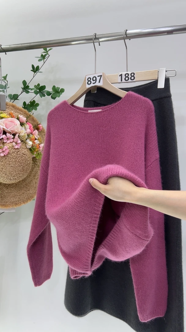 【针织衫】纯色一字领针织外穿女欧洲站秋季新款休闲洋气百搭长袖