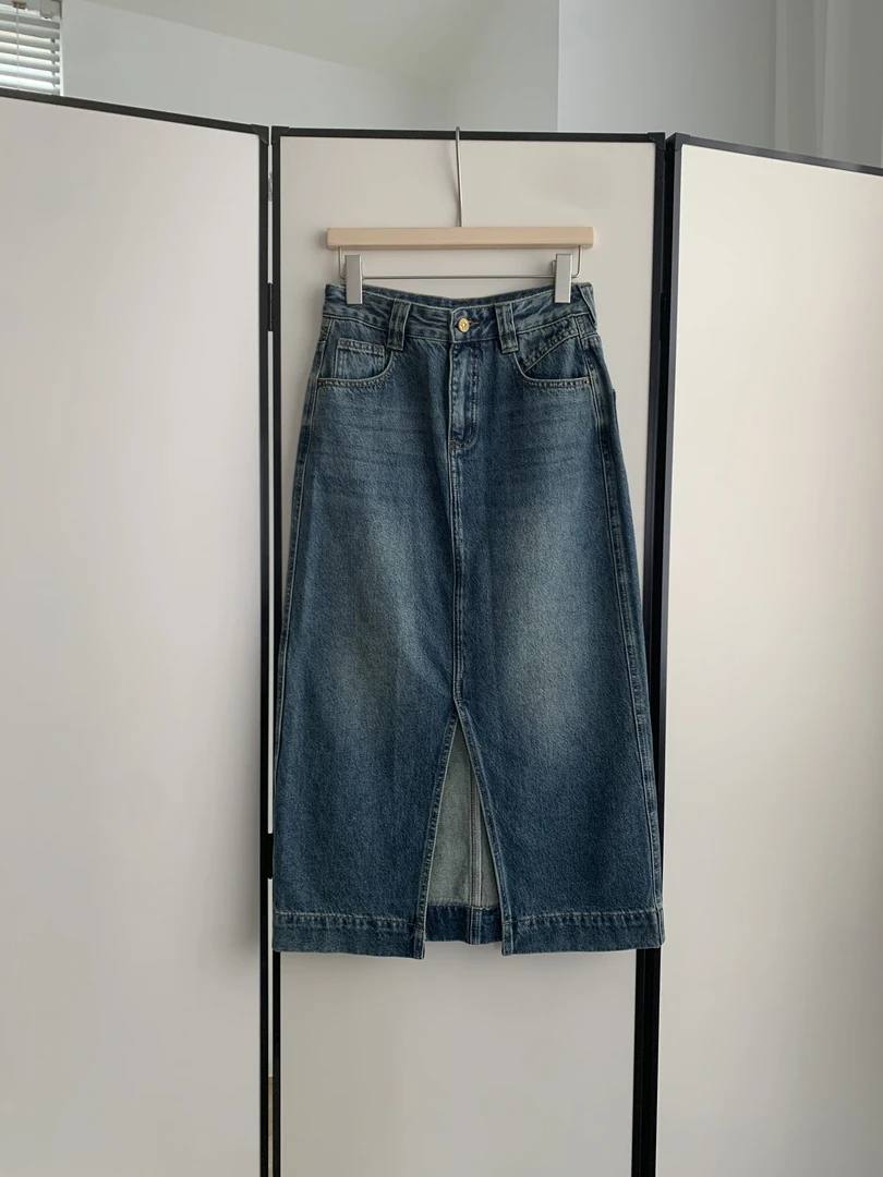 【土耳其棉】高腰直筒前开叉牛仔半身裙设计感裙子A9217