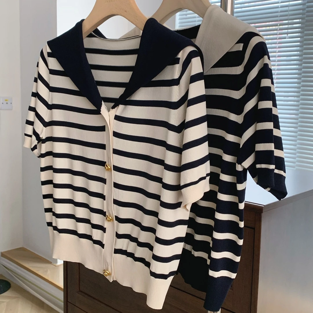 【海军条纹】南油高版本海军领条纹短袖针织衫夏季宽松显瘦上衣6013