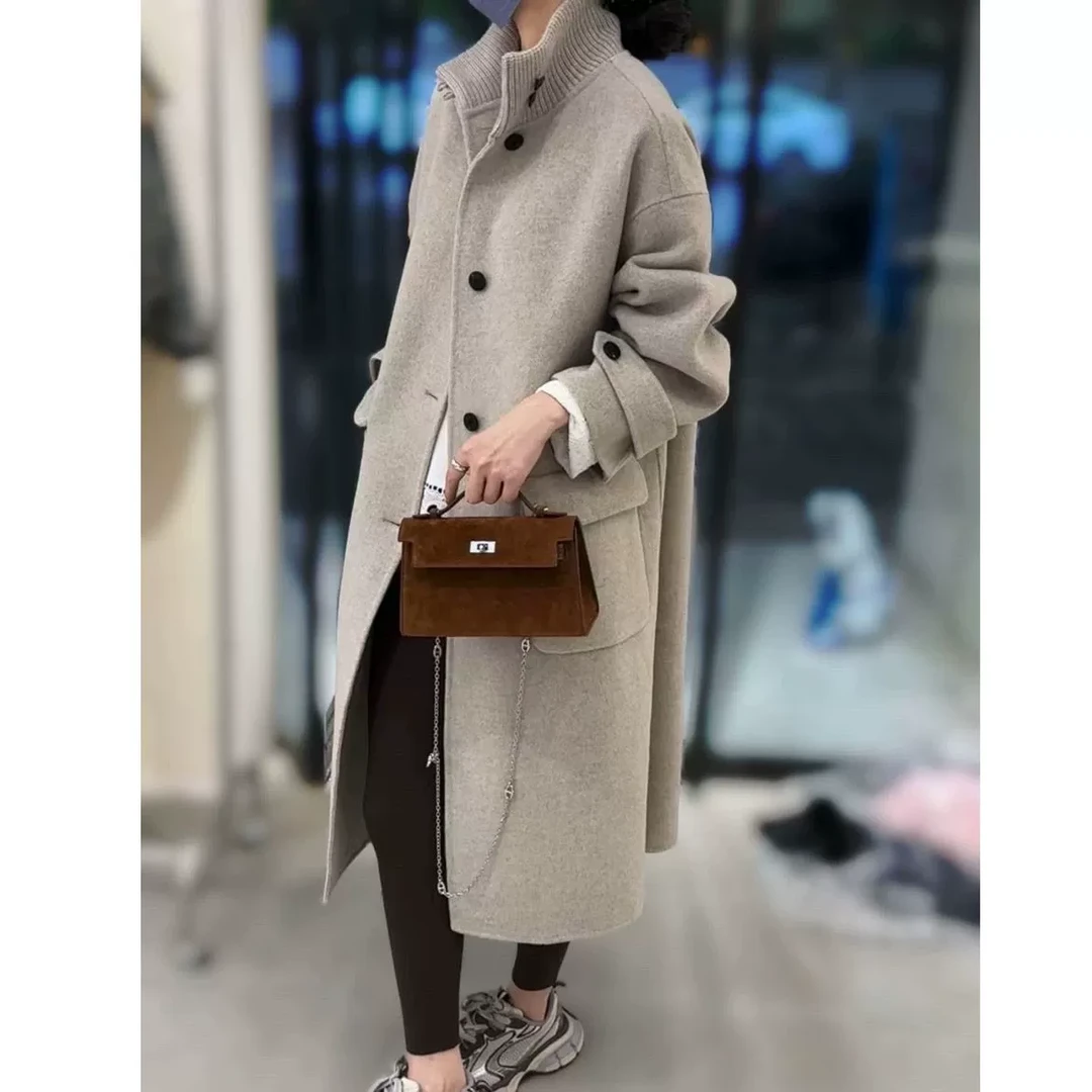 【首尔】欧洲品质双面羊绒+羊毛大衣廓型宽松外套长款针织领2916