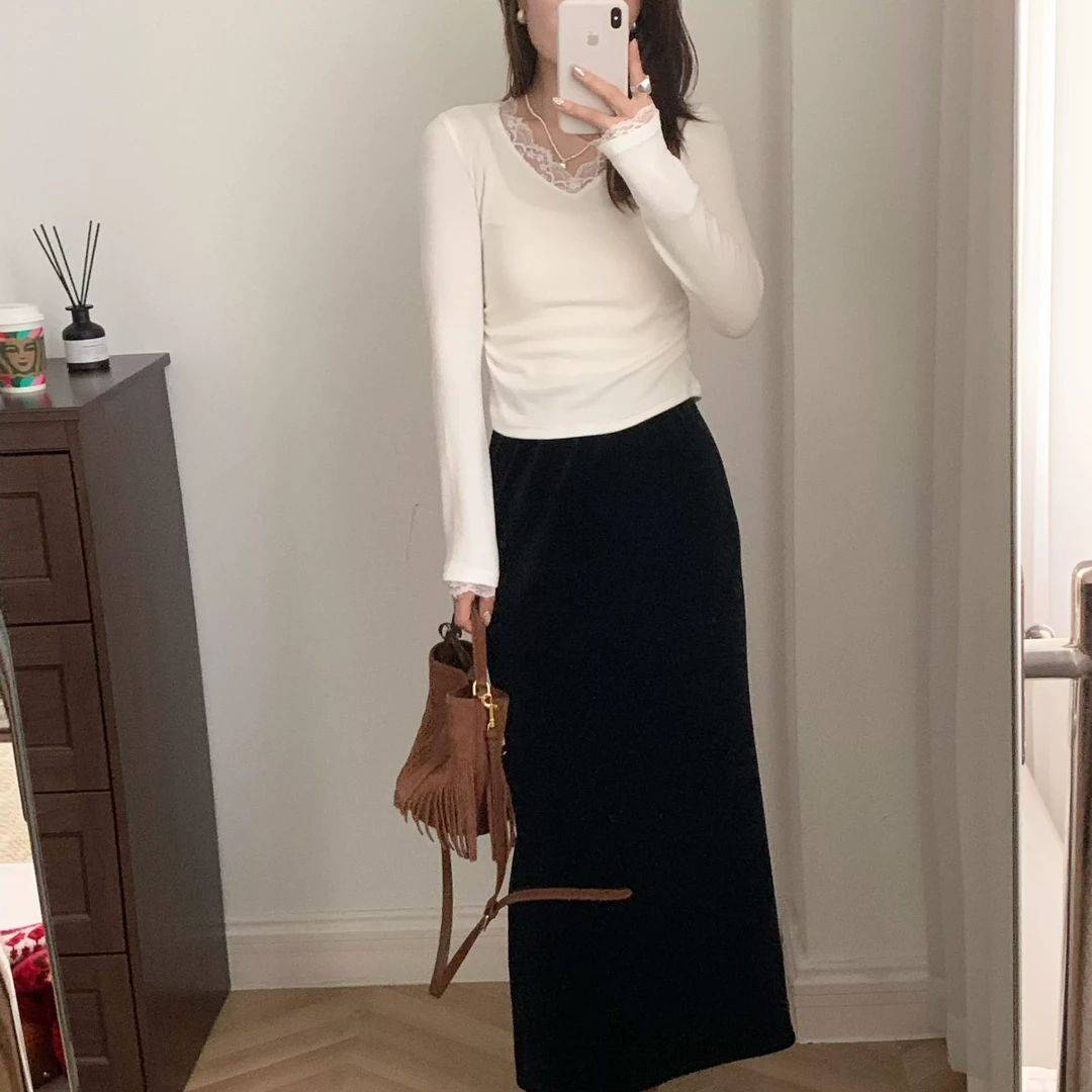 气质女人~黑色高级绒面直筒半身裙气质包臀开叉通勤一步裙2998