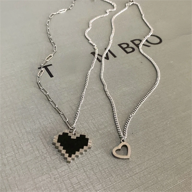 钛钢项链 时尚百搭黑色小众简约银色坠链素款马赛克爱心项链245