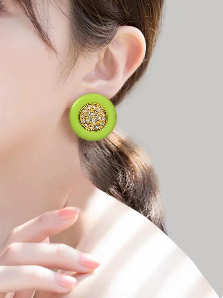 铜合金合成锆石耳饰 气质时尚百搭法式欧美简约绿色圆圈耳环672
