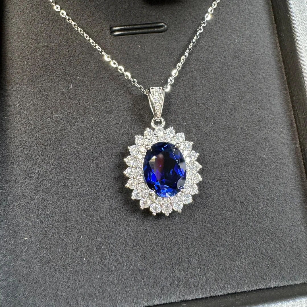 坠链均925银 冰花切蓝色宝石项链气质轻奢蓝色海洋之心满钻2004