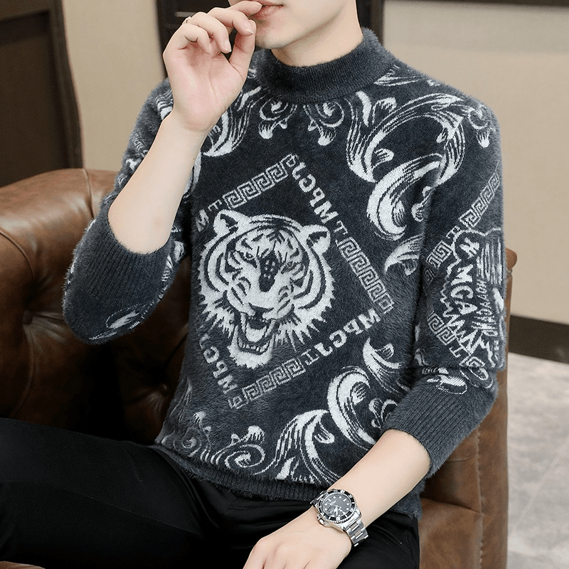 xunpin/巡品 秋冬季毛衣男霸气虎纹提花仿貂绒半高领针织衫帅气百搭潮牌上衣