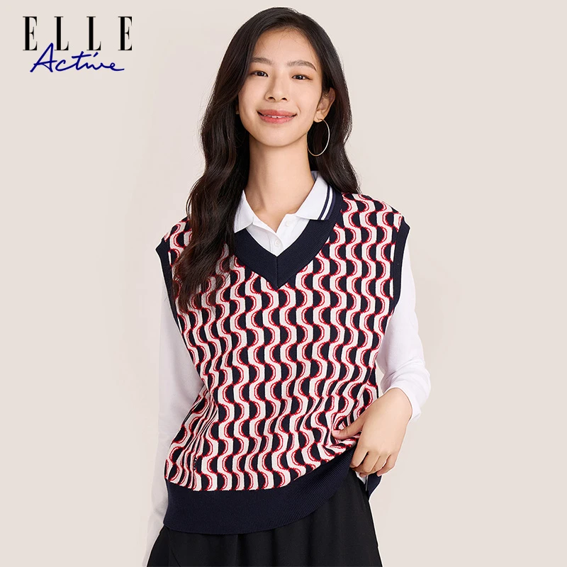 ELLE Active 春秋季女新款复古休闲满印拼接时尚马甲背心针织衫