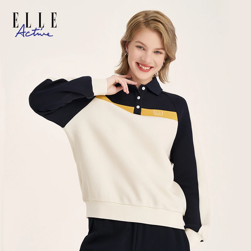ELLE Active秋季新款针织休闲卫衣翻领长袖时尚女士运动秋冬卫衣