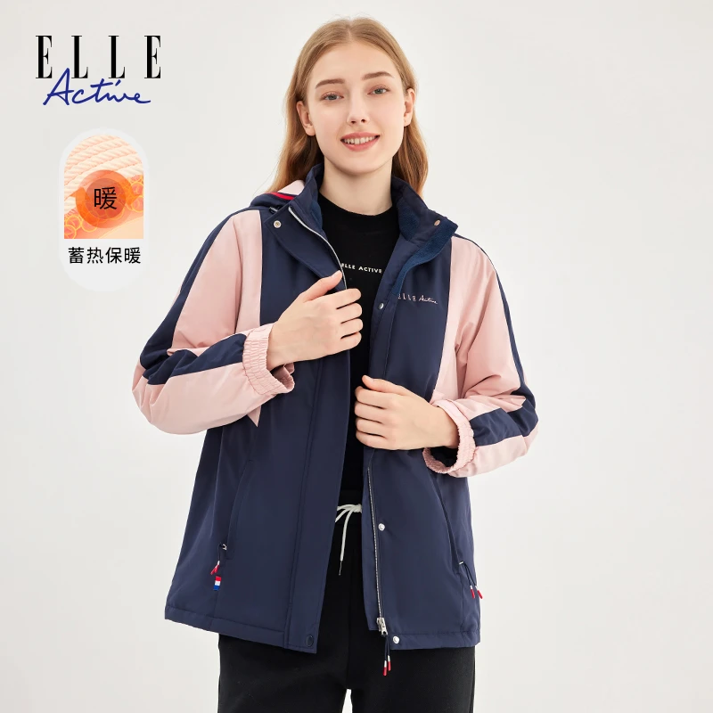 ELLE Active冬季新款户外运动休闲棉衣保暖防风连帽中长棉服外套