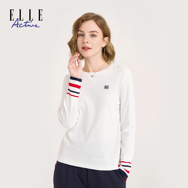 ELLE Active新款纯棉百搭长袖女士t恤撞色打底圆领内搭白色上衣女