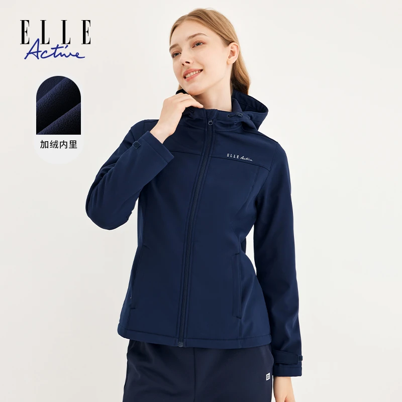ELLE Active秋冬新款户外运动休闲连帽拉链外套女保暖加绒加厚款