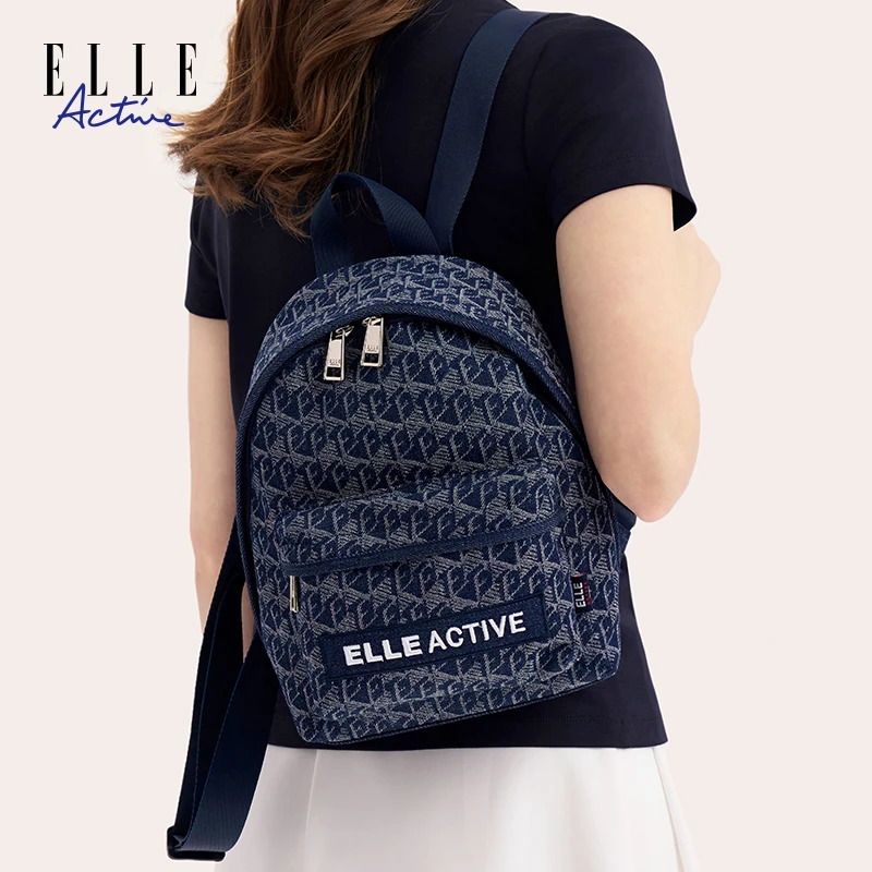 ELLE Active百搭双肩包轻便印花牛仔蓝户外运动休闲背包小包包女