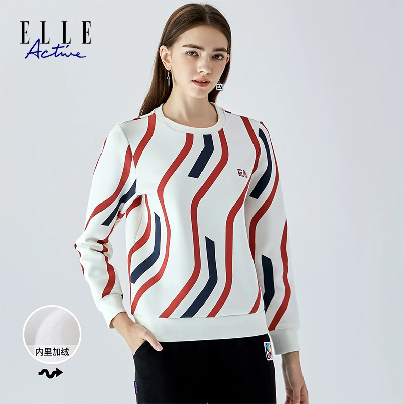 ELLE Active 秋季女装新款条纹加绒圆领长袖卫衣日常休闲时尚上衣