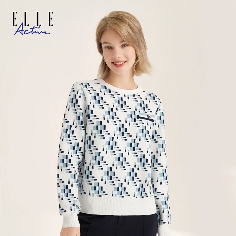 ELLE Active新款圆领毛衣满印休闲毛衫秋冬宽松百搭女士长袖