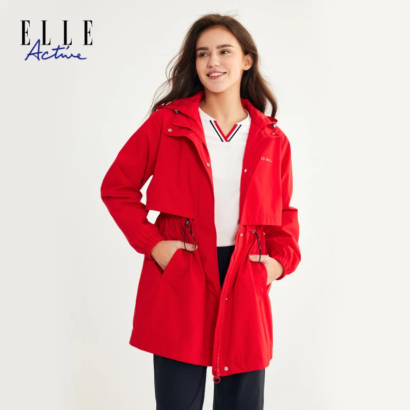 ELLE Active新款秋季中长款风衣女腰间抽绳可调节宽松休闲外套女