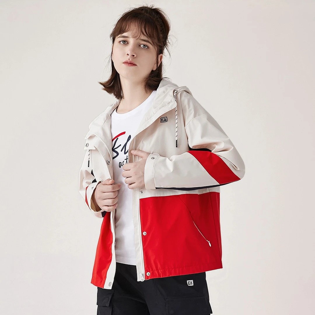 ELLE Active【潮流撞色外套】洋气拼色连帽风衣时尚潮流运动外套