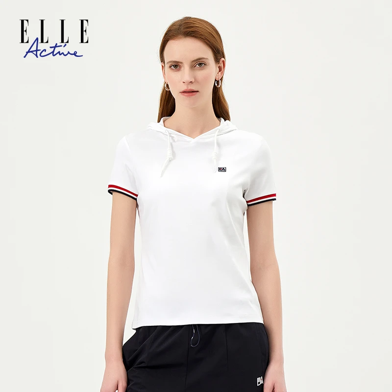 ELLE Active夏季新款女士活力运动休闲风百搭连帽时尚T恤女上衣