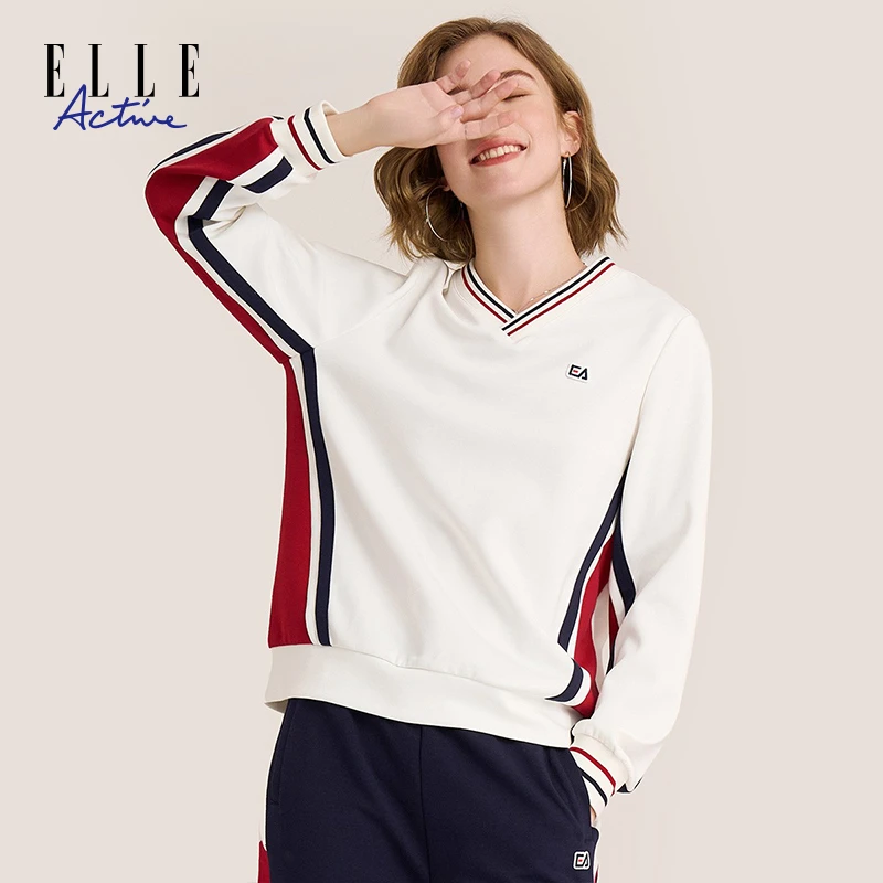 ELLE Active新款V领显瘦卫衣女显瘦运动休闲圆领长袖套头上衣女装