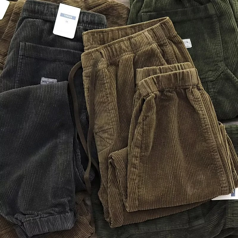 加绒时尚百搭美式休闲灯芯绒裤男条子春秋复古宽松简约工装脚裤