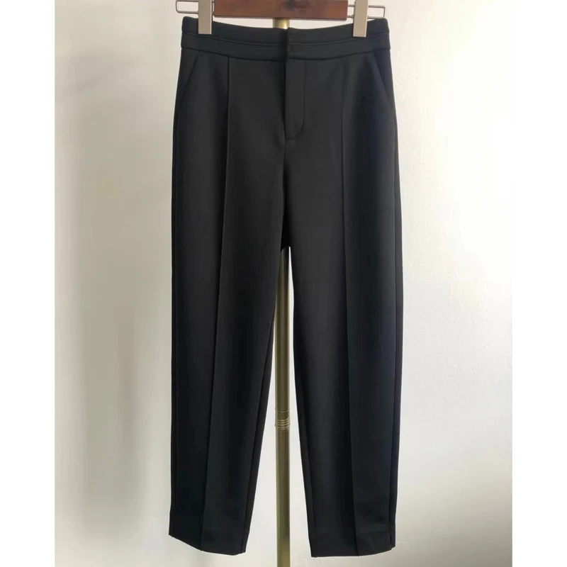 特卖春秋款黑色针织通勤腰部嵌织带裤脚小开叉锥形显瘦长裤5330