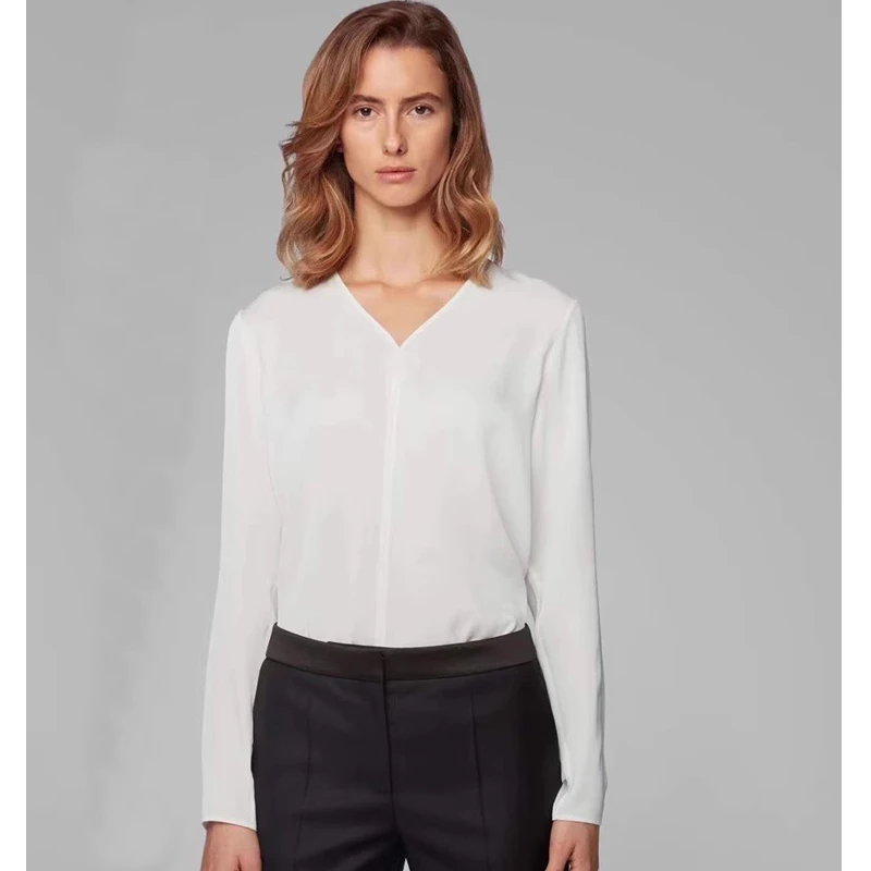 精品特卖德国简约通勤V领真丝弹力素绉缎白色蚕丝长袖衬衫3992