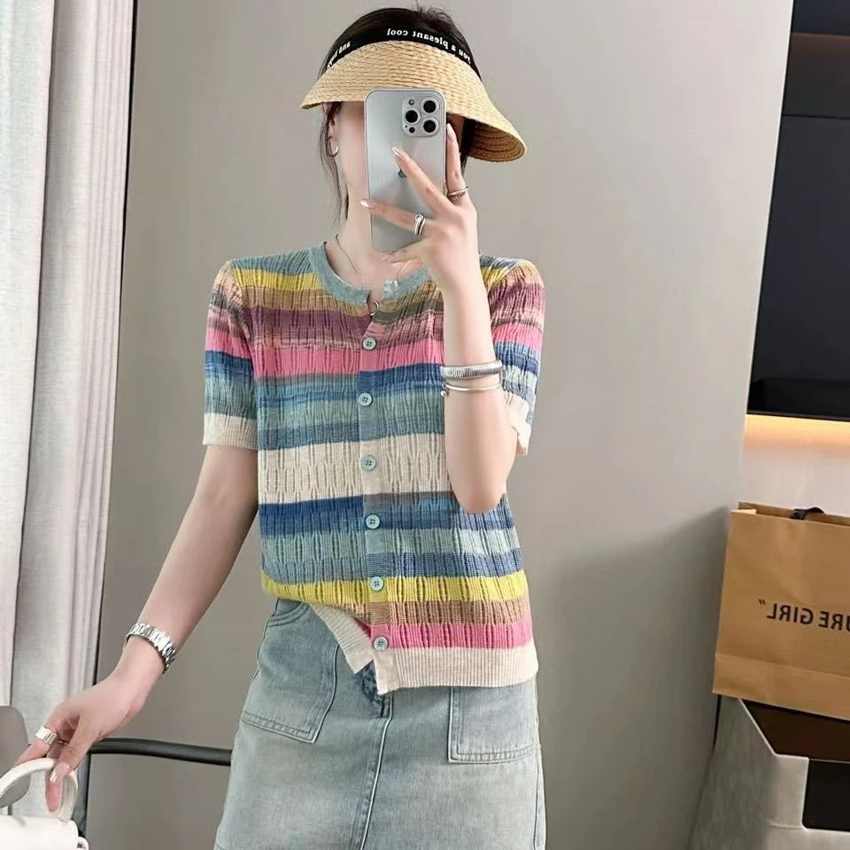 彩虹拼色柔软针织夏季短袖T恤衫女2024夏装新款洋气减龄时尚百搭