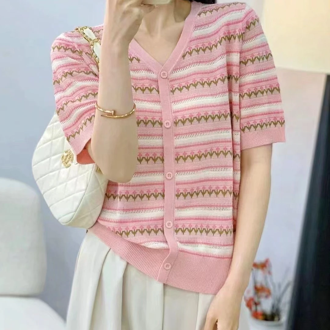 韩国提花撞色薄款短袖针织衫夏季时尚镂空百搭显瘦毛衣针织衫v领