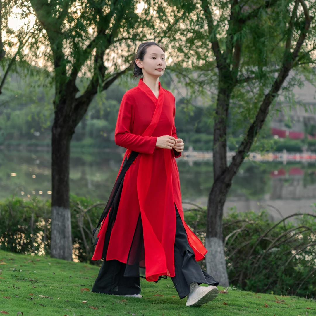 中国风长款红雪纺纱创新飘逸太极服春夏红色中式