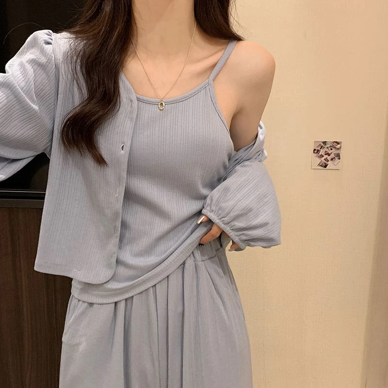 睡衣女秋冬纯棉新款纯欲风甜美带胸垫简约爆款可外穿居家套装春秋