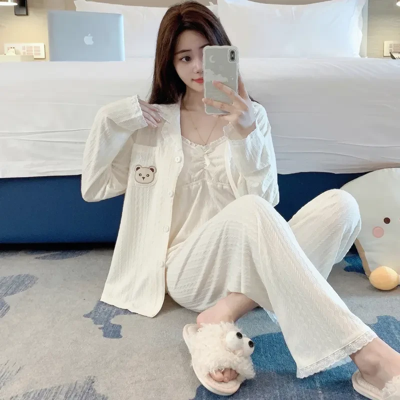 纯棉三件套带胸垫睡衣女2025新款春秋女款爆款春季时尚秋冬家居服