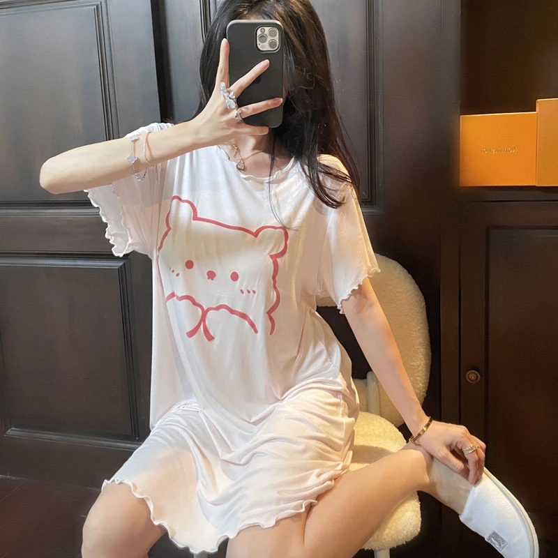 新款卡通小熊莫代尔棉质柔软薄款短袖睡裙圆领甜美大码孕妇睡衣女
