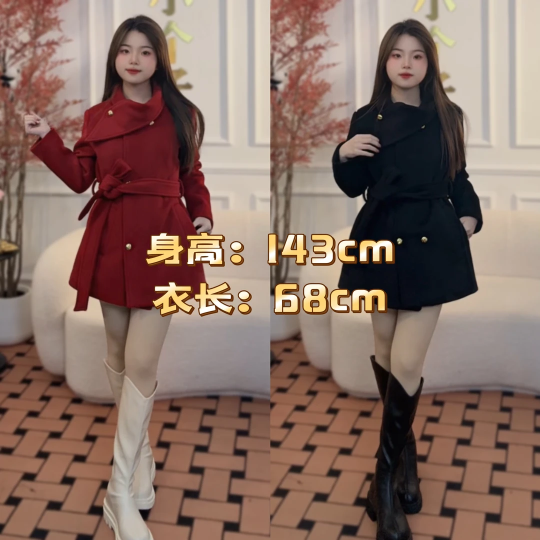 【017】140小个子高级毛巾领呢子大衣加厚收腰黑红紫色外套女冬季
